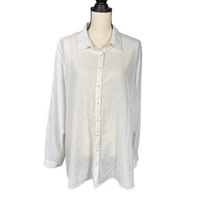 Tahari Women's XXL White Small Polka Dot Pattern Button Down Long Sleeve Blouse